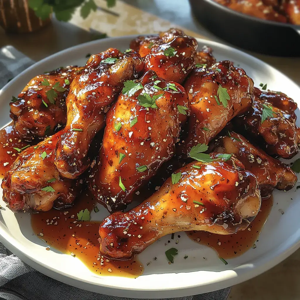 A plate of glazed drumsticks garnished with parsley and sesame seeds, showcasing a shiny, caramelized sauce.