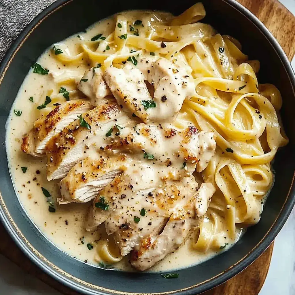 A bowl of fettuccine pasta topped with sliced grilled chicken in a creamy sauce, garnished with chopped parsley.