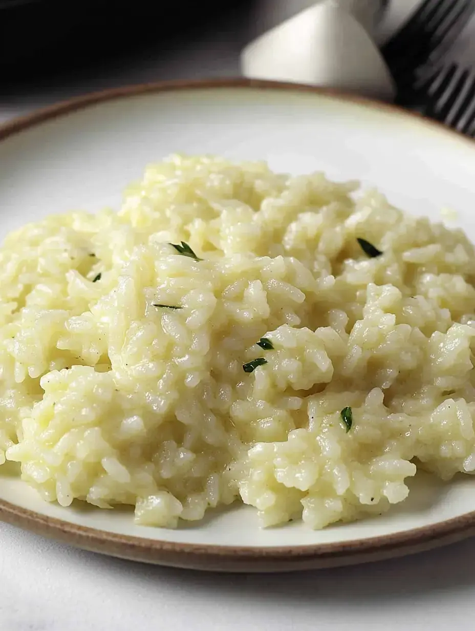 A plate of creamy risotto garnished with small pieces of green herbs.