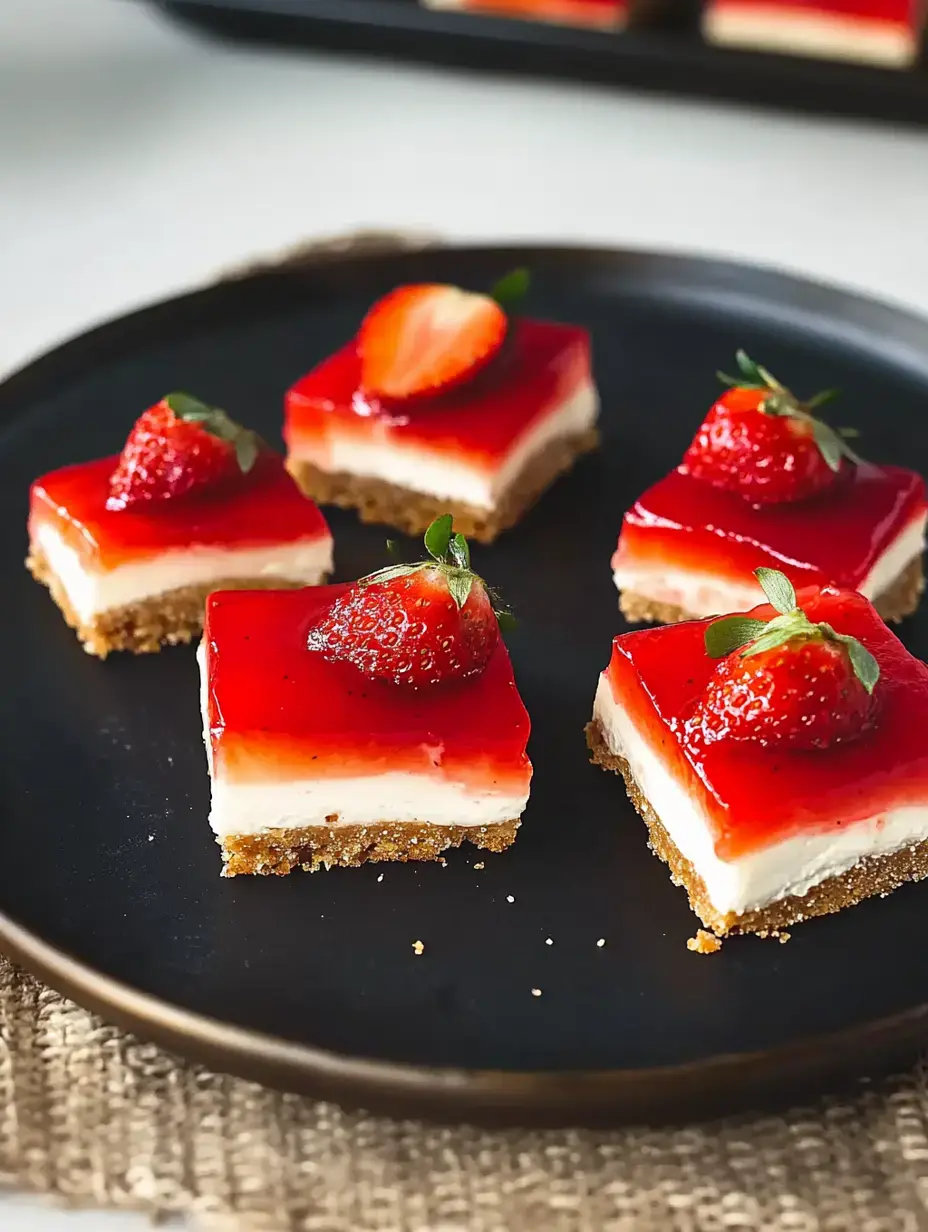 A plate of strawberry cheesecake squares topped with glossy red fruit gelatin and fresh strawberries.