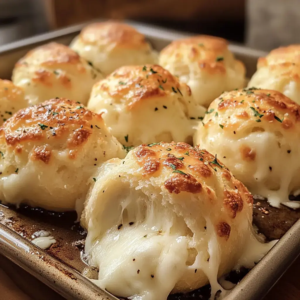 A tray of golden-brown, cheesy bread rolls with melted cheese oozing from one of them, garnished with herbs.