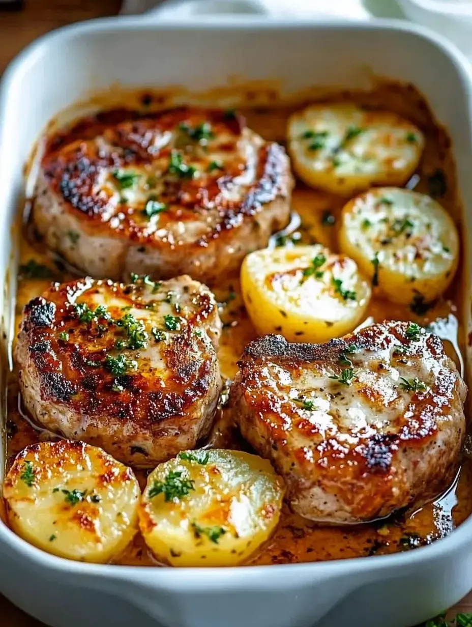 A dish of golden roasted potatoes and seared pork chops garnished with herbs, served in a white baking dish.