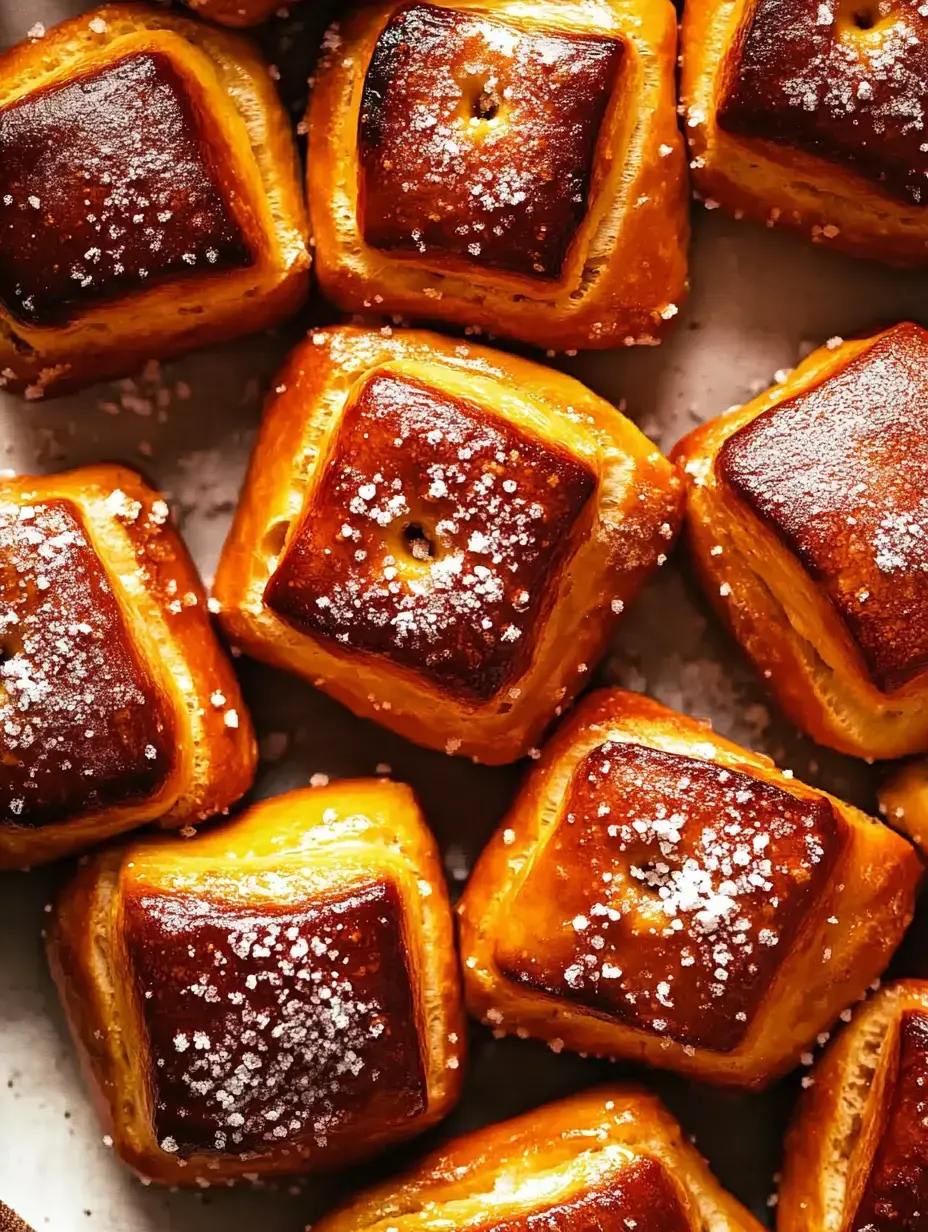 A close-up view of golden-brown square pastries topped with coarse salt, arranged neatly on a tray.