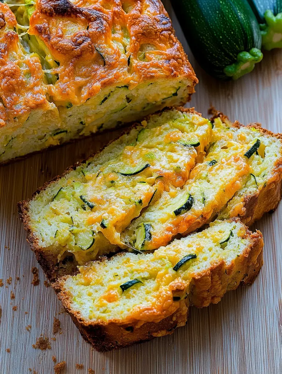 A sliced loaf of cheesy zucchini bread on a wooden surface, with whole zucchinis visible in the background.