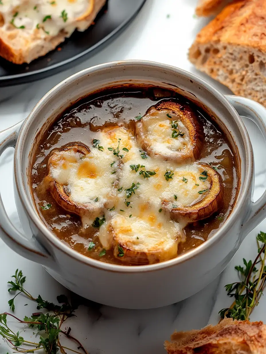 A bowl of French onion soup topped with melted cheese and garnished with herbs, accompanied by toasted bread on the side.