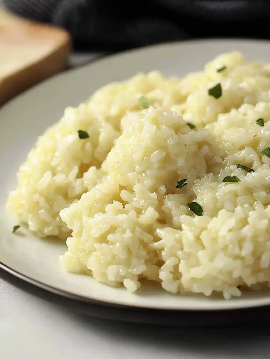 A close-up plate of creamy rice garnished with green herbs.