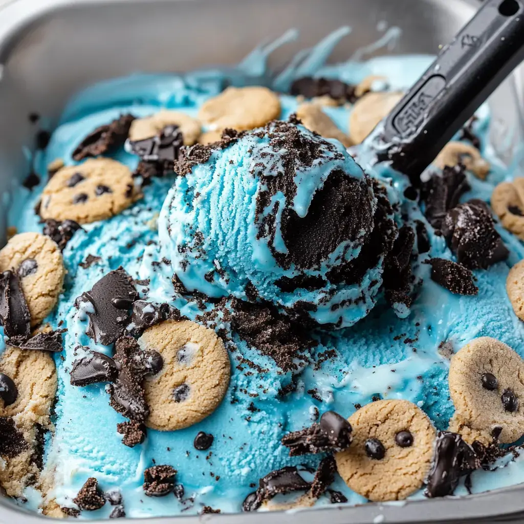 A close-up of a dish of blue ice cream topped with chocolate cookies and crumbled cookies and chocolate pieces.