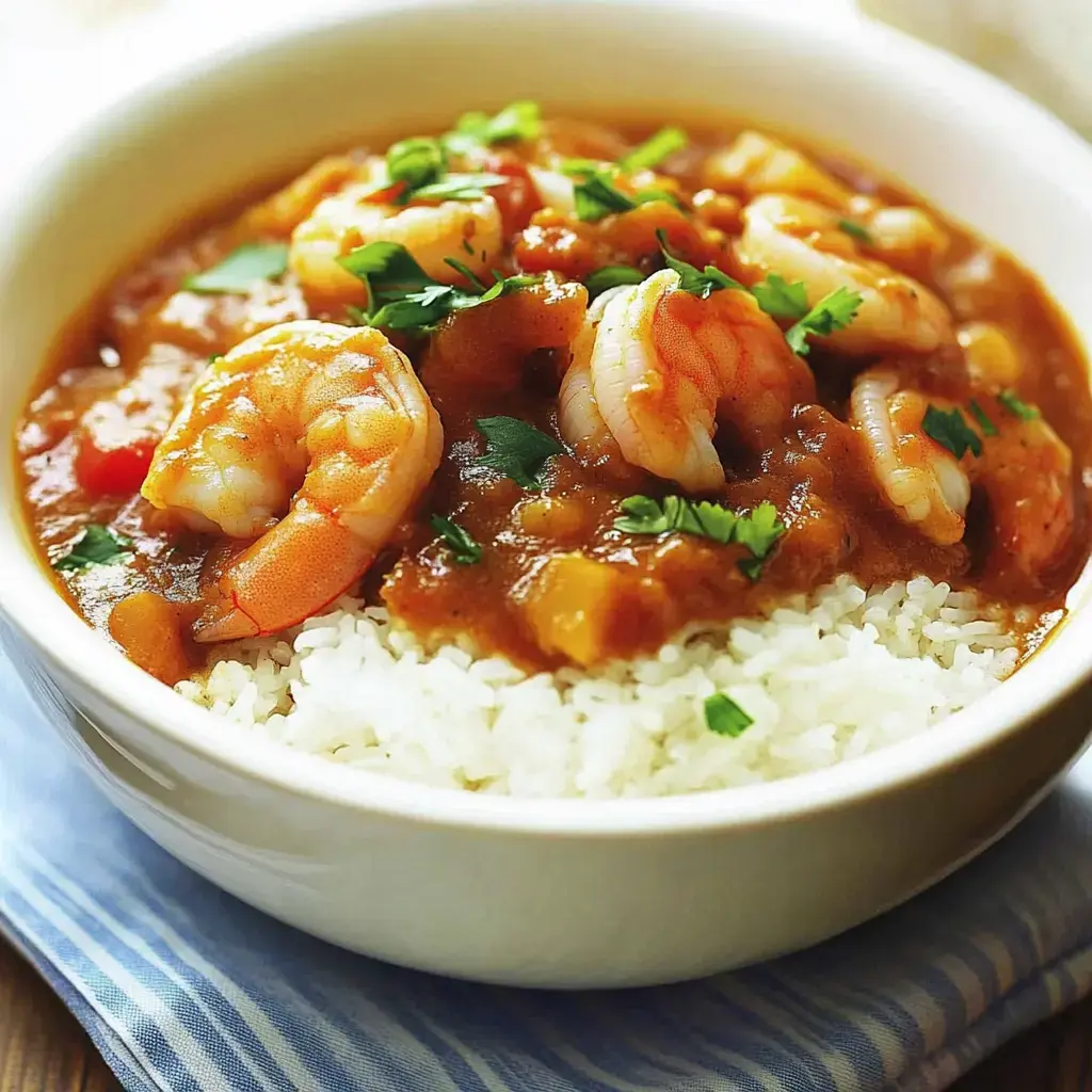 A bowl of white rice topped with shrimp in a savory brown sauce, garnished with fresh herbs.