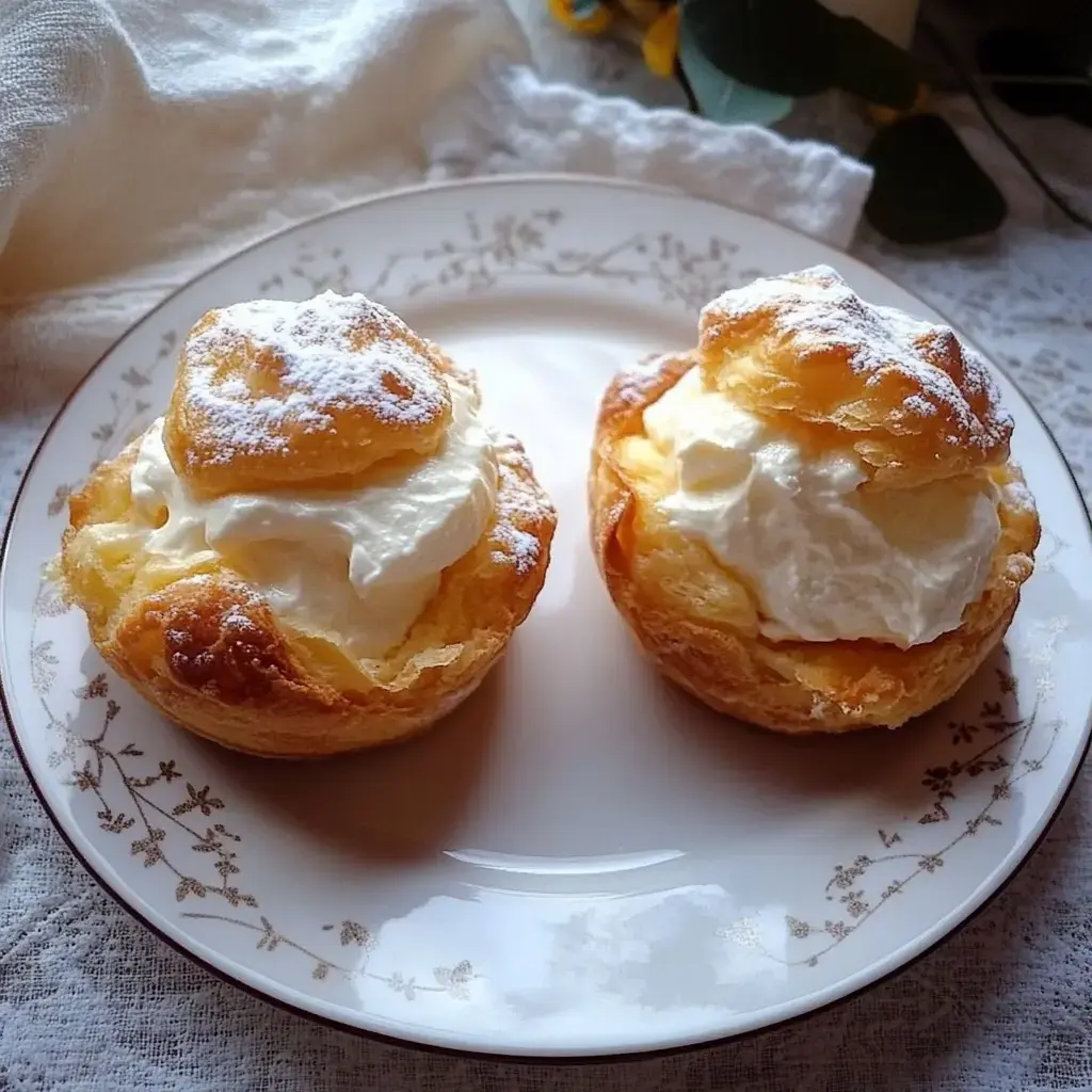 Two cream-filled pastries dusted with powdered sugar on an ornate plate.