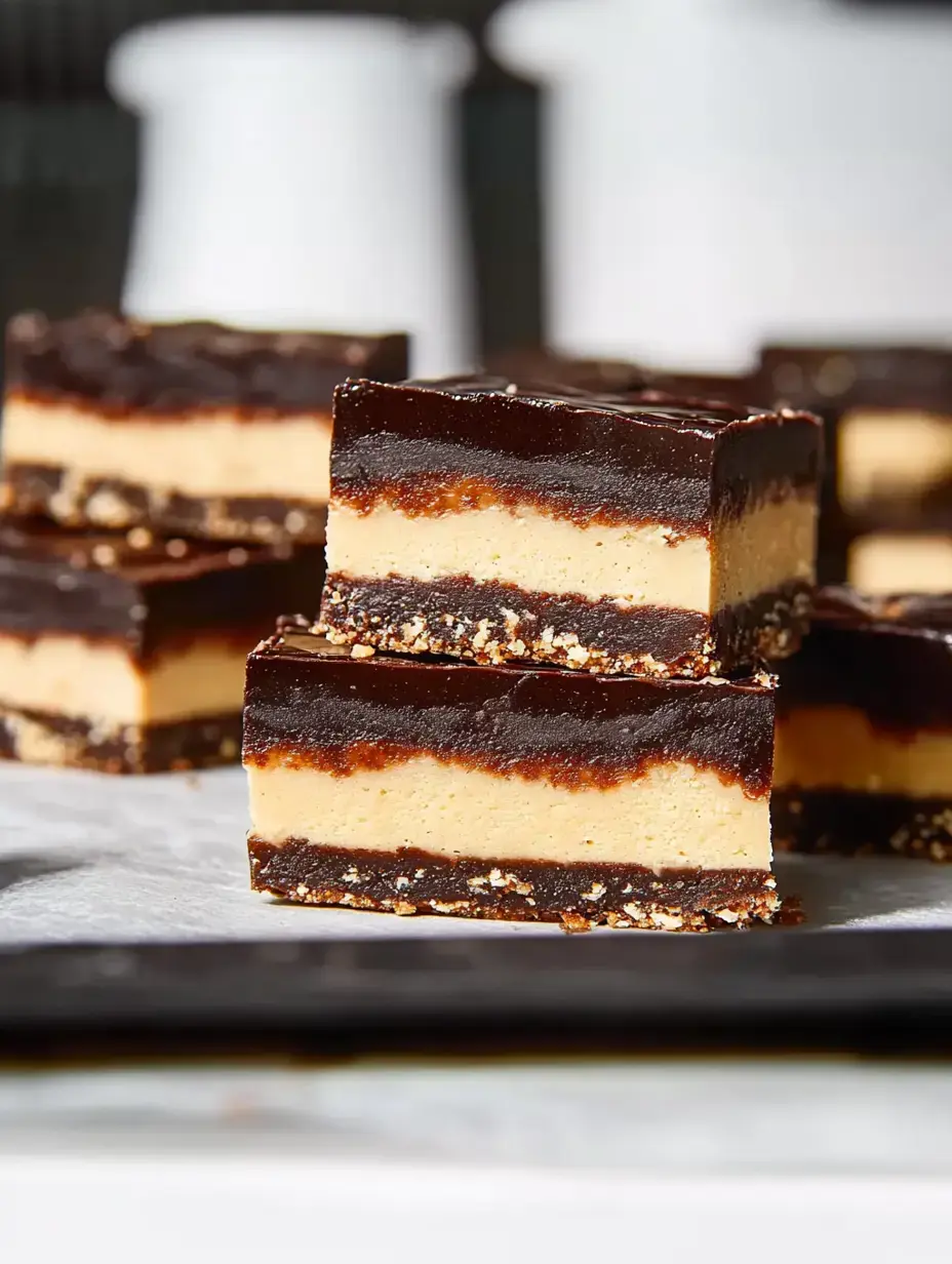 A stack of layered chocolate and peanut butter dessert bars sits on a parchment-lined surface.