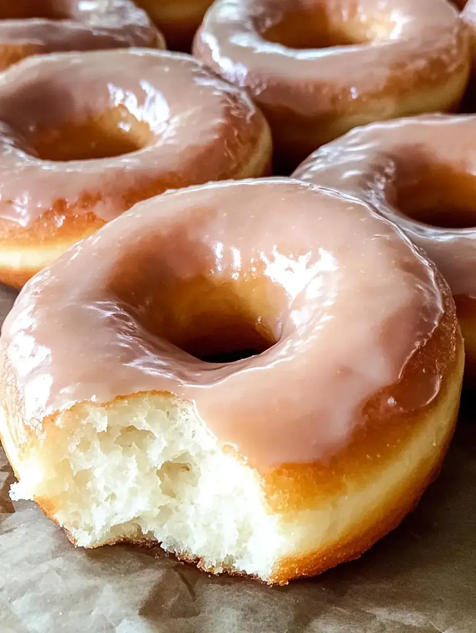 A partially eaten glazed donut sits among several whole glazed donuts.