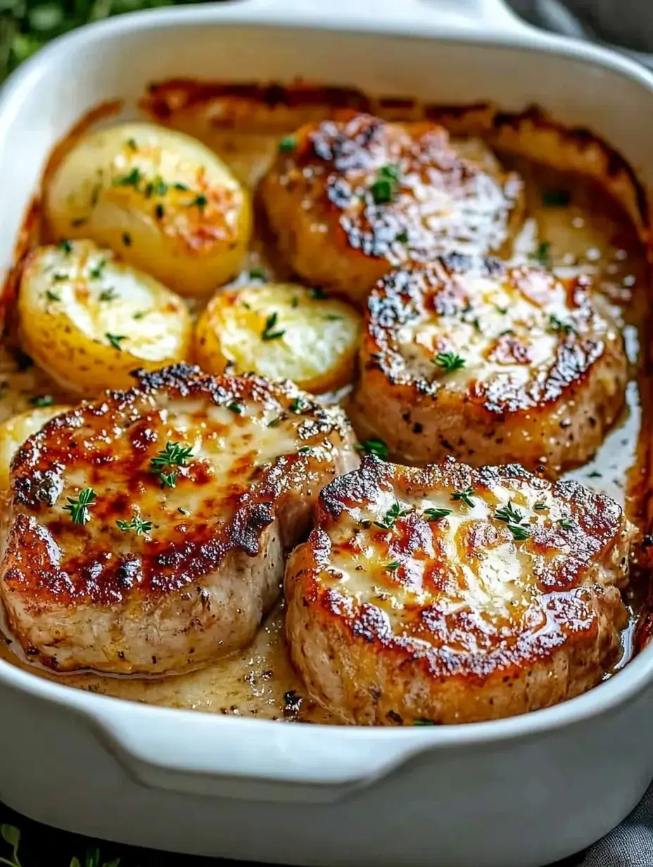 Seared pork medallions with melted cheese and roasted potatoes are arranged in a creamy sauce in a white baking dish.