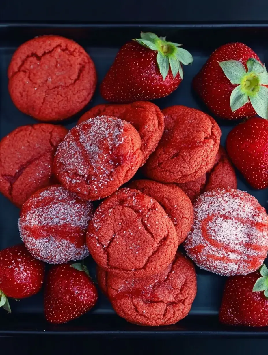 A plate of red velvet cookies sprinkled with sugar, surrounded by fresh strawberries.