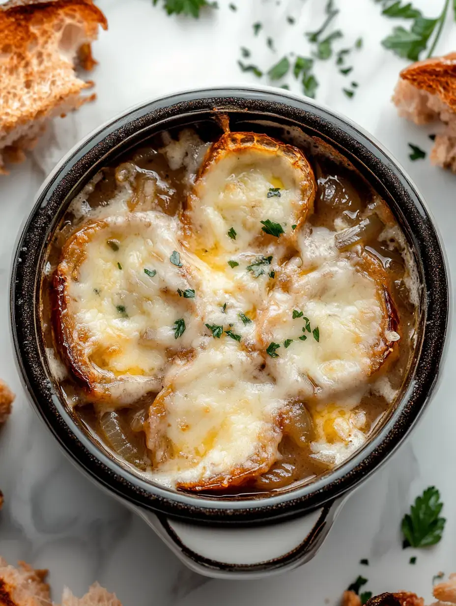 A bowl of French onion soup topped with melted cheese and toasted bread, surrounded by slices of bread and garnished with parsley.