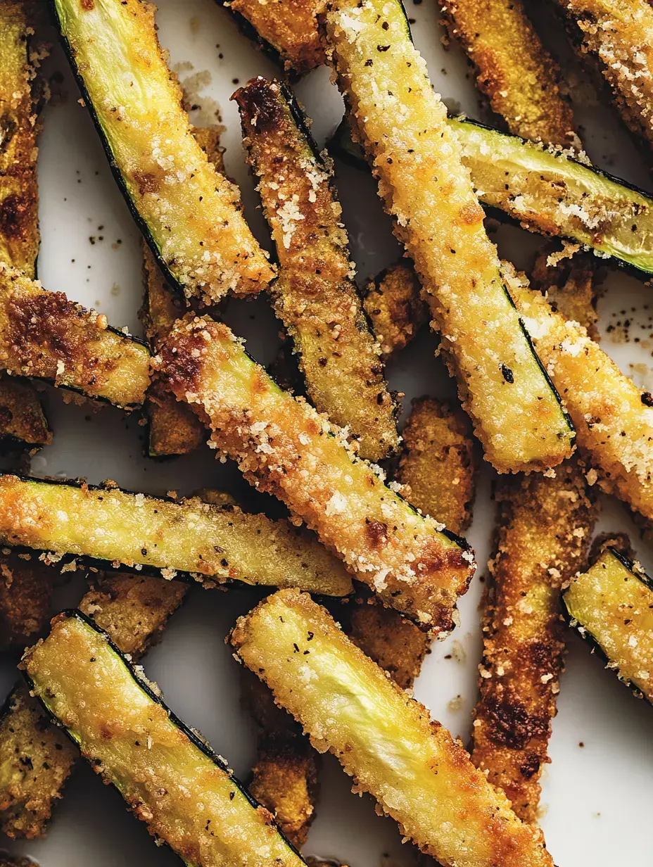 A close-up view of crispy, golden-brown zucchini fries sprinkled with breadcrumbs.