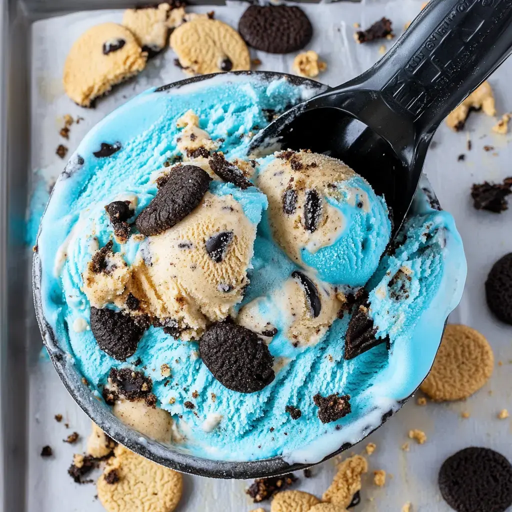 A close-up of a bowl of blue and beige ice cream mixed with crushed Oreo cookies and cookie pieces, with a black ice cream scoop resting inside.