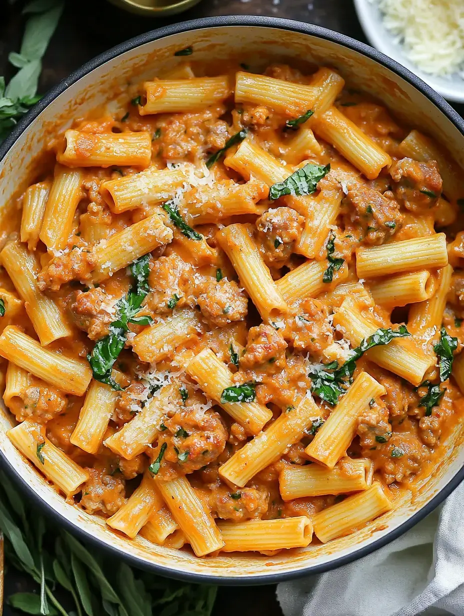 A creamy pasta dish featuring rigatoni mixed with sausage, herbs, and topped with grated cheese.