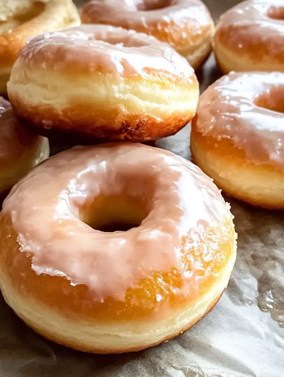 A close-up of freshly glazed doughnuts arranged on parchment paper.