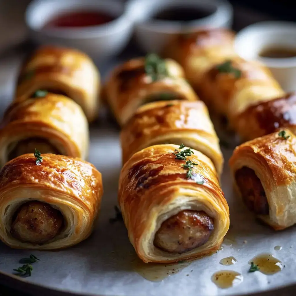 A platter of golden-brown sausage rolls garnished with fresh herbs, accompanied by small bowls of dipping sauces.