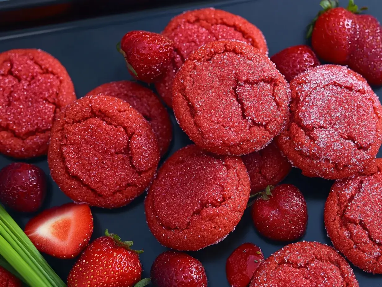 A close-up of bright red, sparkly cookies surrounded by fresh strawberries on a black background.