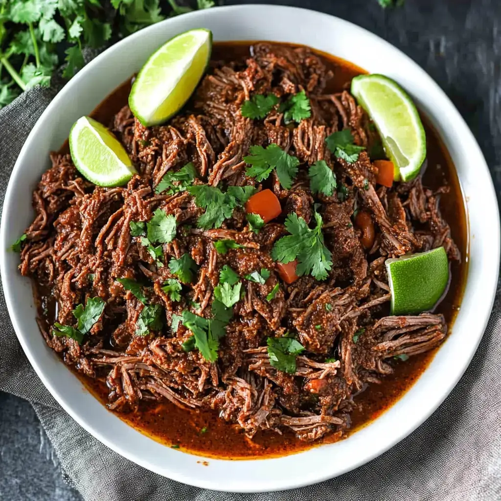 A white bowl filled with shredded beef in a rich sauce, garnished with fresh cilantro and lime wedges.