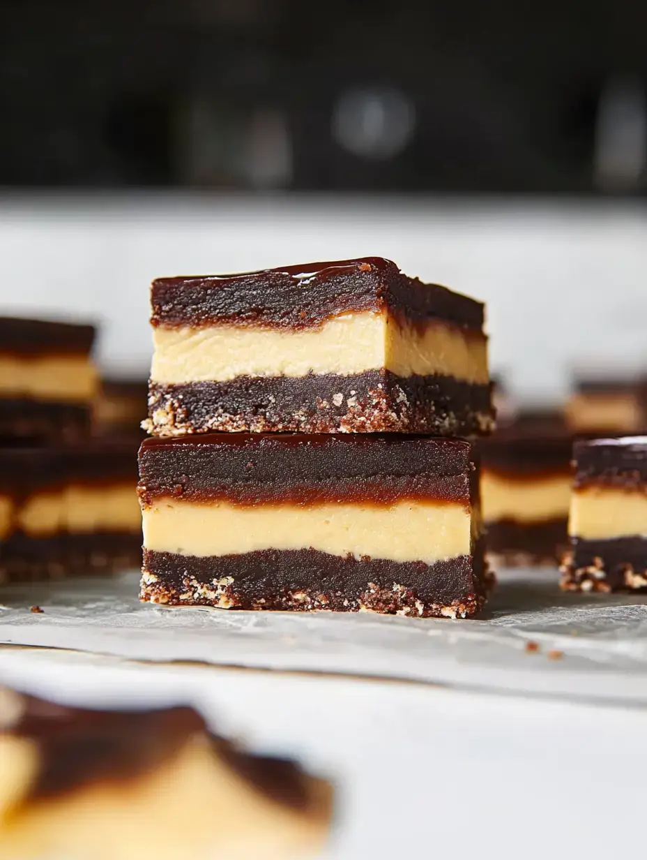 A close-up image of layered dessert bars featuring chocolate, creamy caramel, and a crumbly base.