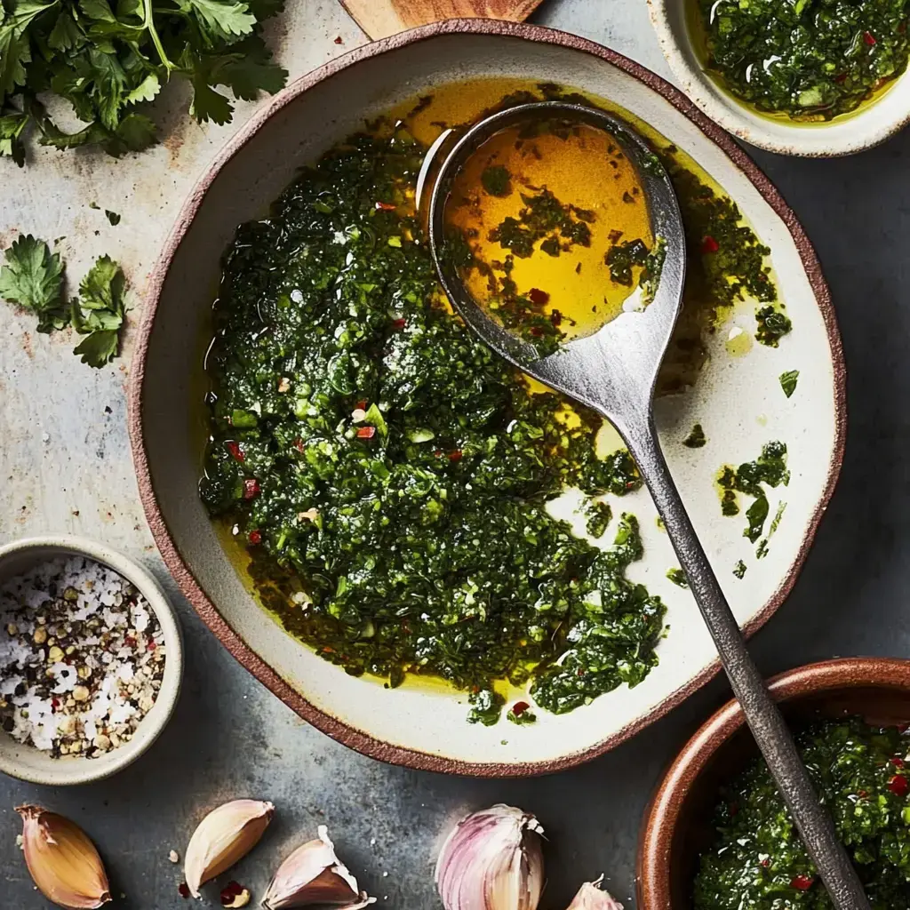 A bowl of vibrant green sauce with herbs and spices is accompanied by garlic cloves and a small dish of salt.