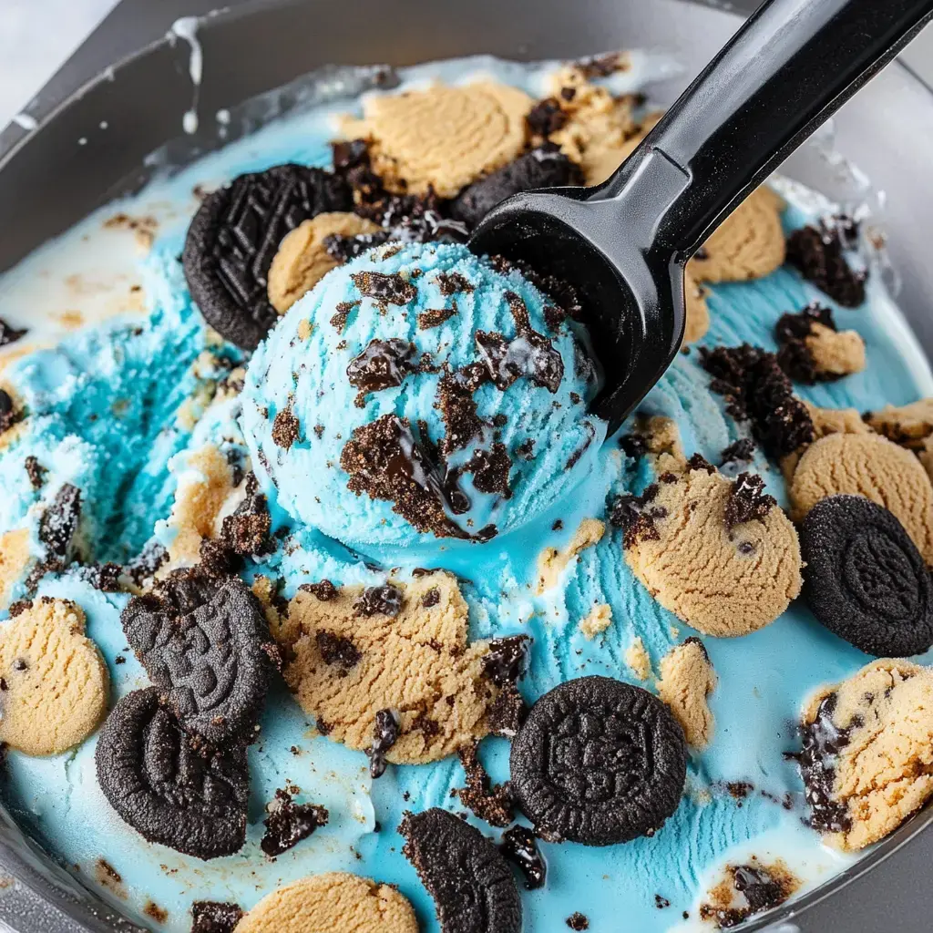 A scoop of blue ice cream topped with crushed cookies and pieces of chocolate cookies is shown in a dish.