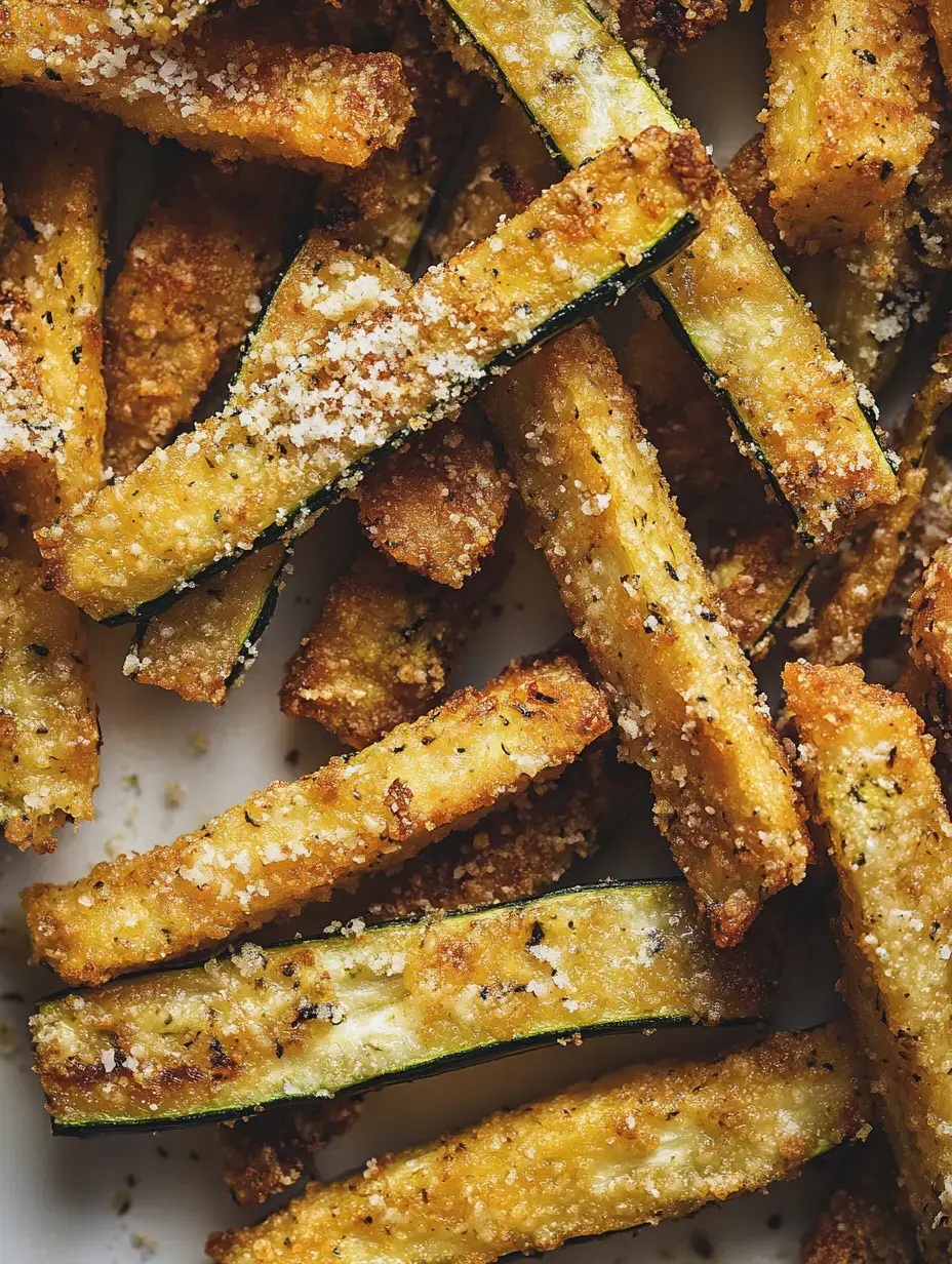 A close-up image of crispy, golden zucchini fries sprinkled with seasoning and breadcrumbs.