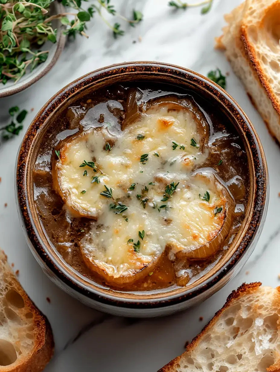 A bowl of French onion soup topped with melted cheese and garnished with thyme, accompanied by slices of crusty bread.