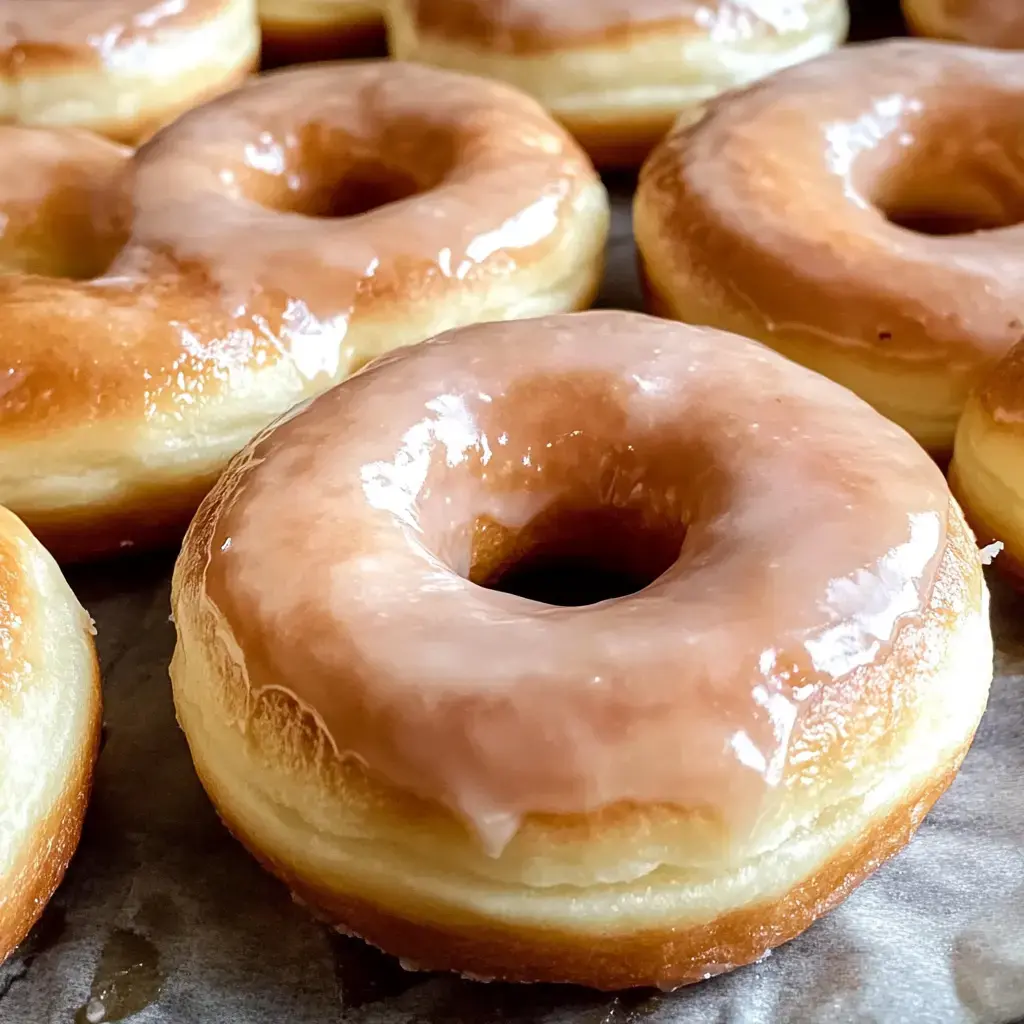 A close-up image of freshly glazed donuts with a shiny, light brown icing on a parchment-lined surface.