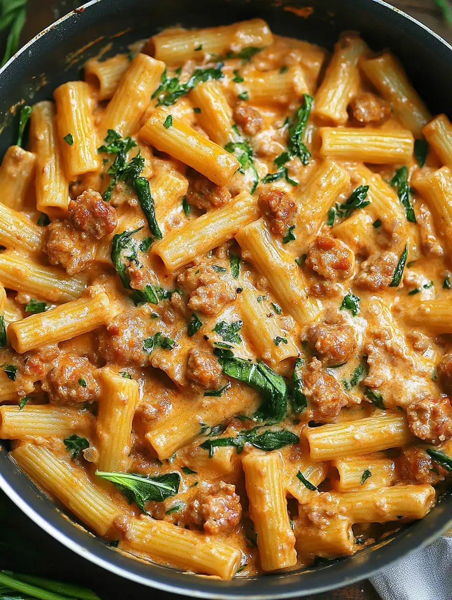 A close-up of a creamy pasta dish featuring rigatoni, sausage pieces, and green herbs in a skillet.