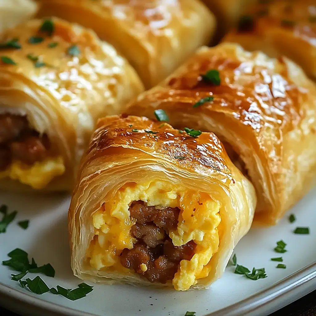 A close-up of flaky pastry rolls filled with scrambled eggs and sausage, garnished with chopped parsley.