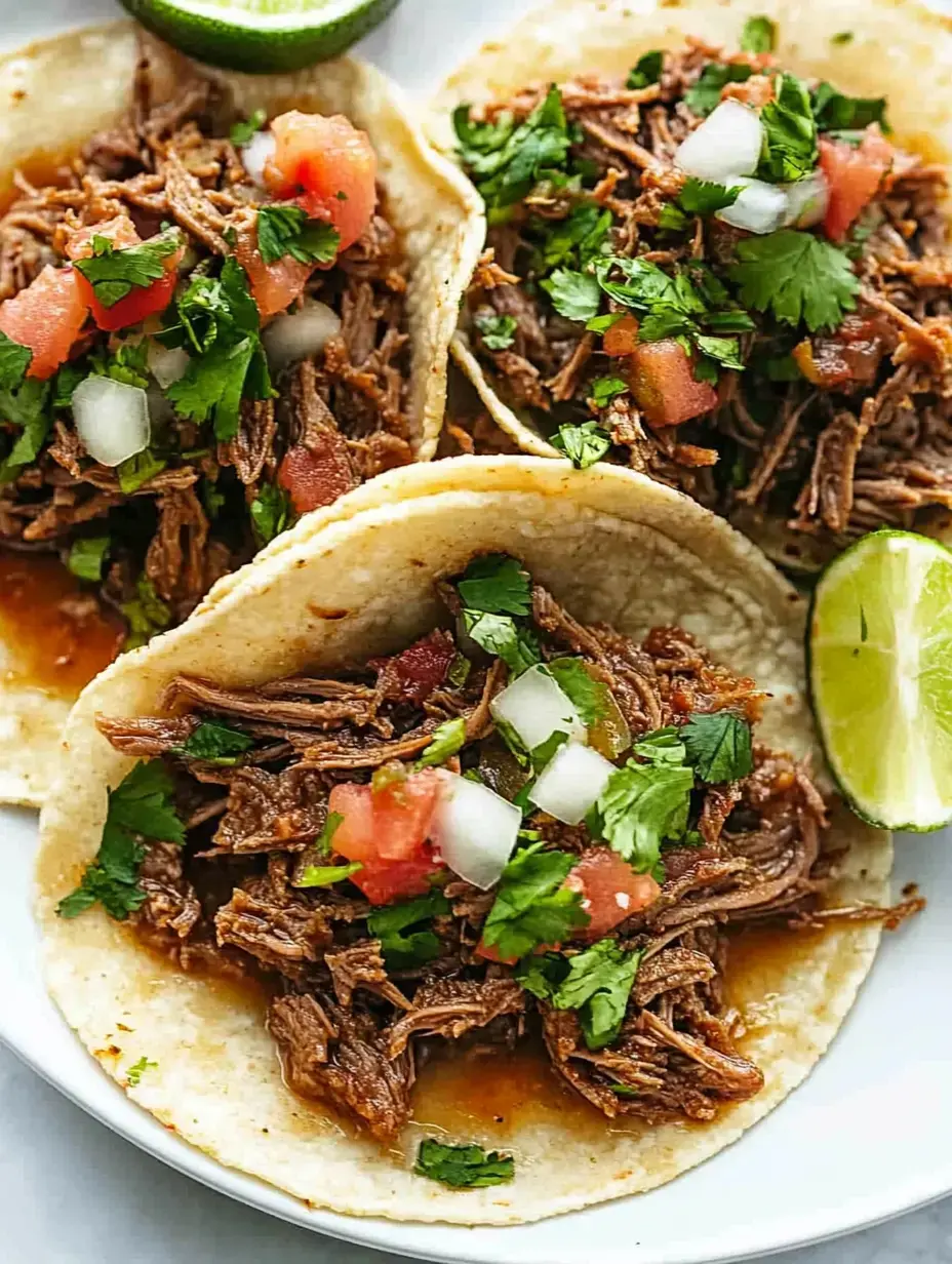 Three tacos filled with shredded beef, topped with diced tomatoes, onions, and cilantro, served with lime wedges.