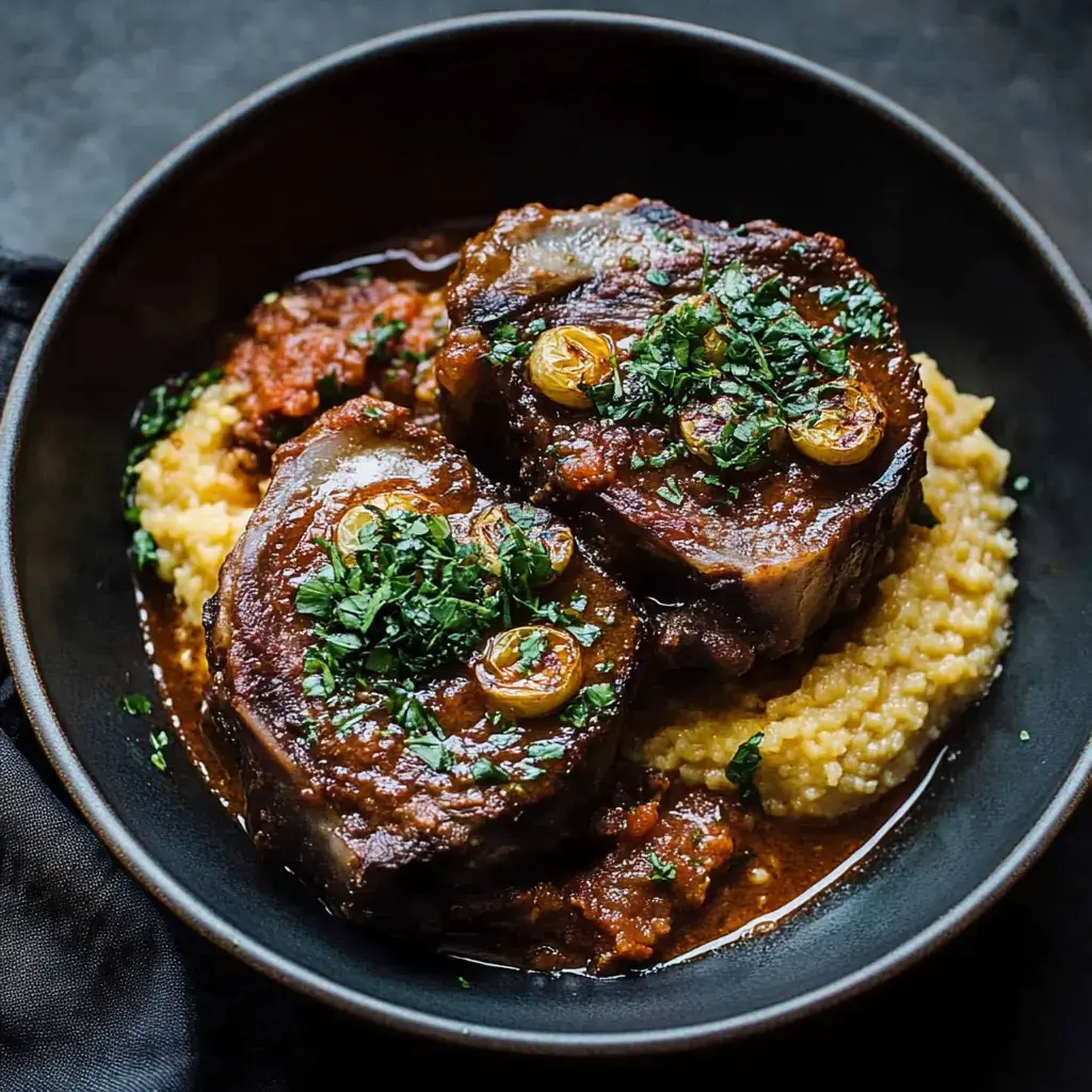 A bowl of tender, herb-topped meat served over creamy polenta, garnished with green herbs and accompanied by a rich sauce.