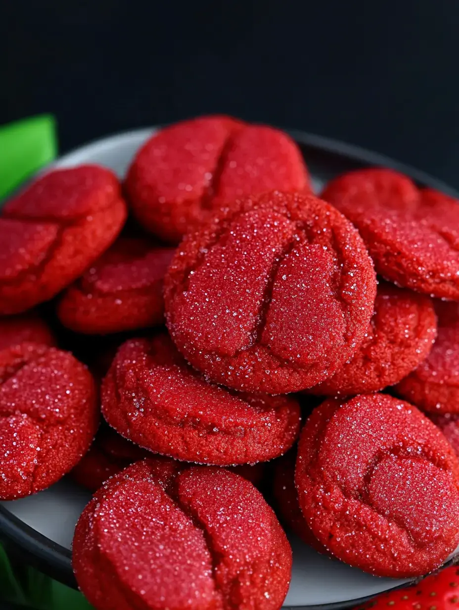 A close-up view of a plate filled with vibrant red cookies dusted with sugar.