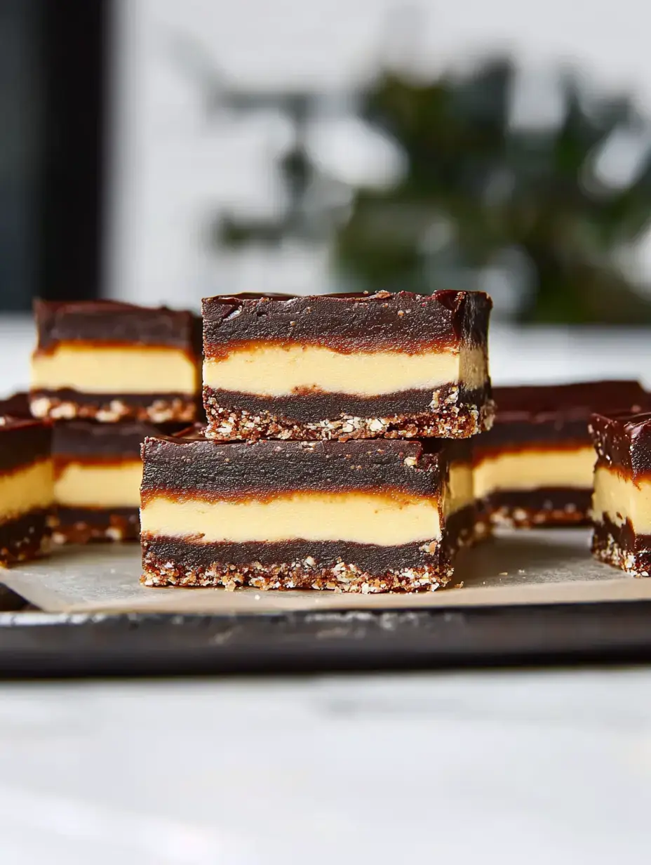 A close-up image of layered chocolate and caramel dessert squares, arranged on a tray with a blurred background.