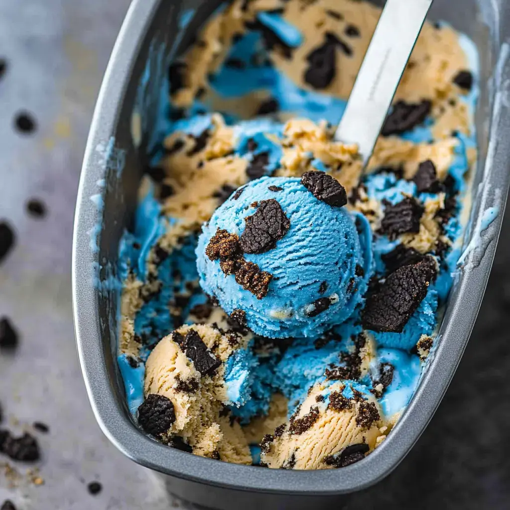 A scoop of blue ice cream with cookie pieces is sitting in a metal container filled with swirls of blue and beige ice cream.