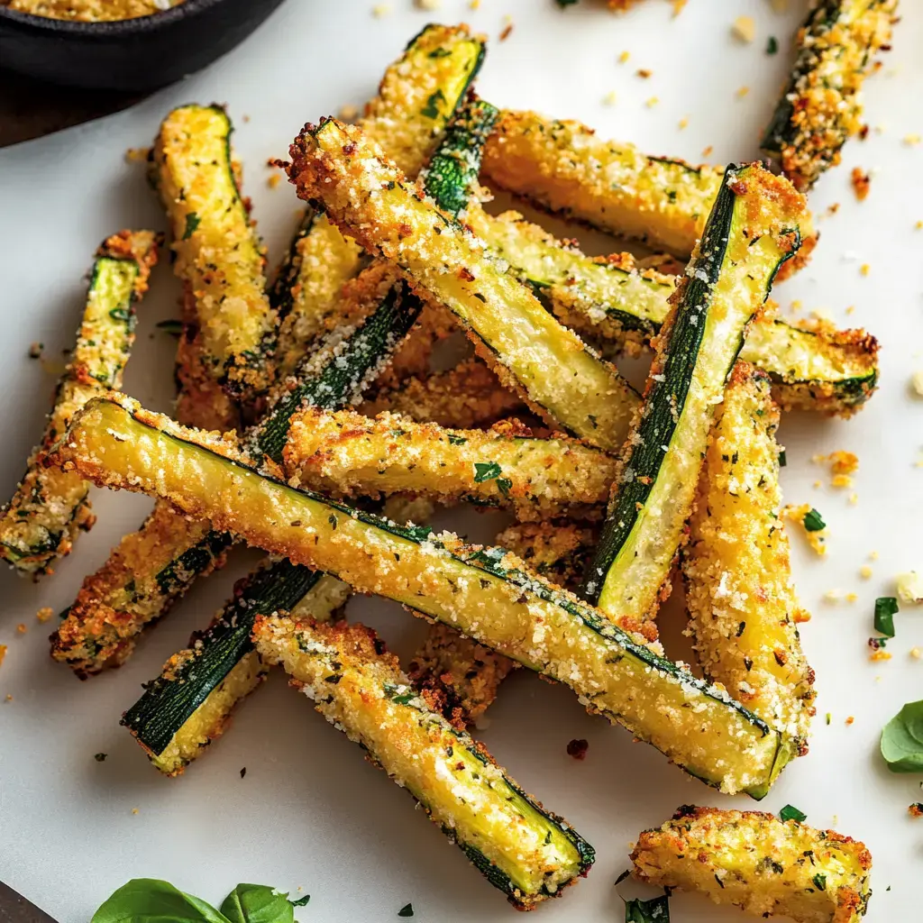 Crispy, breaded zucchini sticks are arranged on a white surface, garnished with parsley.