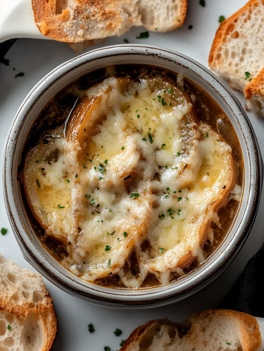 A bowl of French onion soup topped with melted cheese, surrounded by slices of toasted bread.