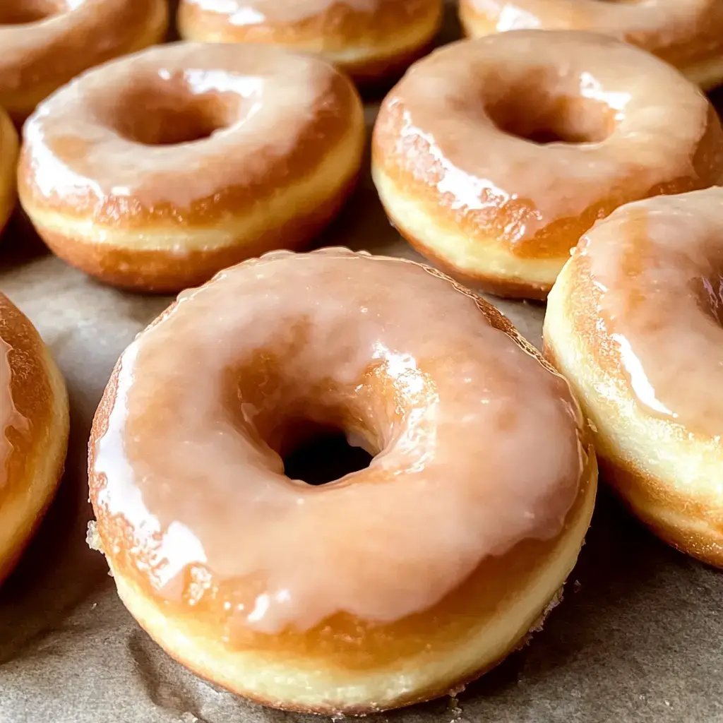 A close-up image of a group of glazed donuts arranged closely together on a baking sheet.