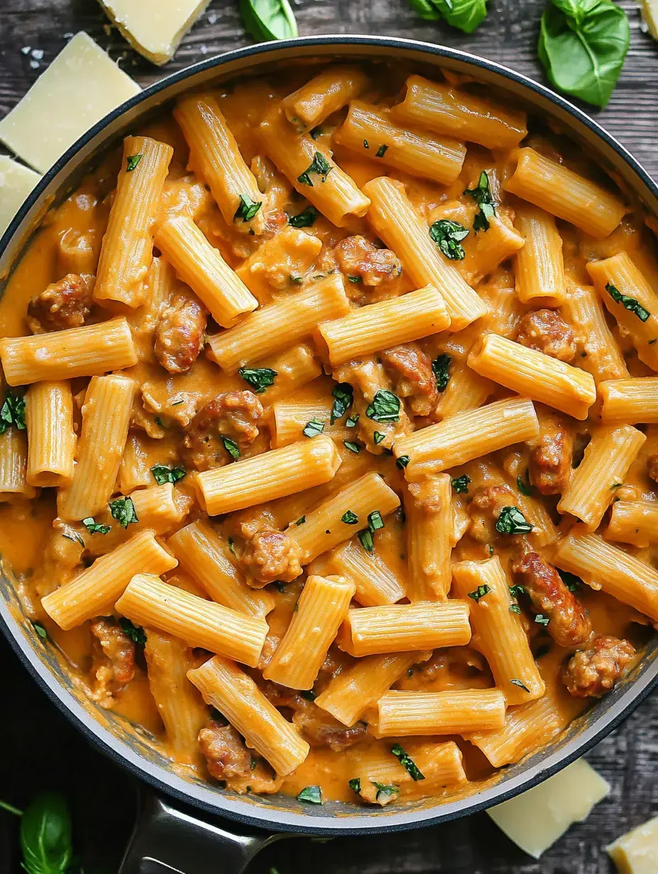 A close-up view of rigatoni pasta with a creamy sauce and pieces of sausage, garnished with chopped basil, in a skillet, accompanied by chunks of cheese in the background.