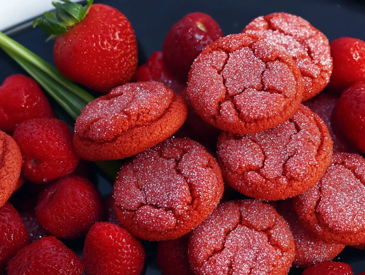 A close-up image of red sparkling cookies surrounded by fresh strawberries and raspberries on a dark plate.