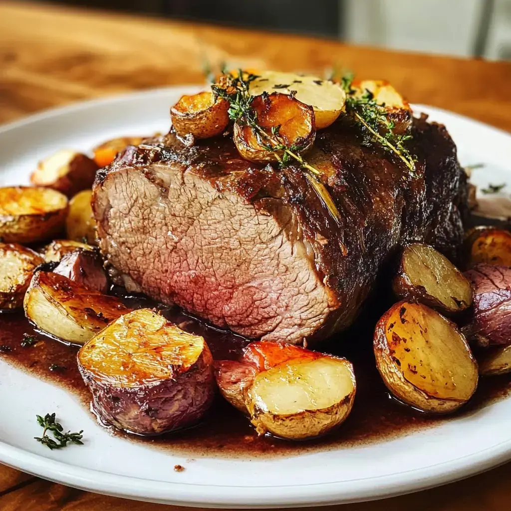 A beautifully roasted beef dish is presented on a white plate, garnished with thyme and accompanied by colorful roasted potatoes.