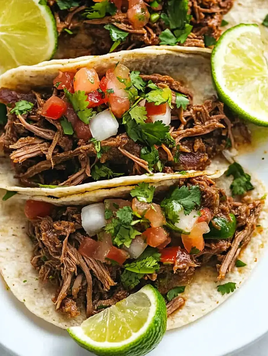 Three tacos filled with shredded meat, topped with diced tomatoes, onions, cilantro, and lime wedges.