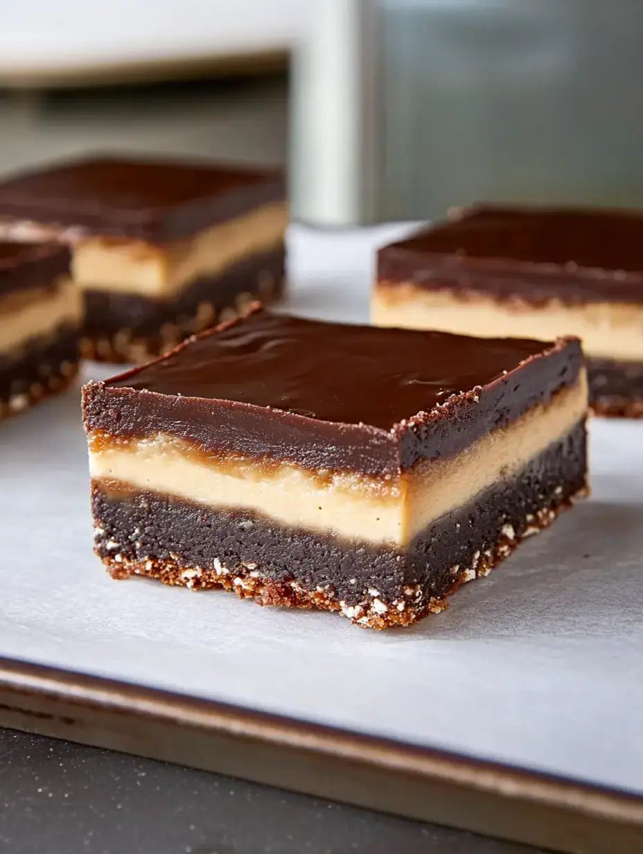 A close-up of a layered dessert featuring a chocolate ganache top, a creamy peanut butter middle, and a crumbly base, presented on parchment paper.