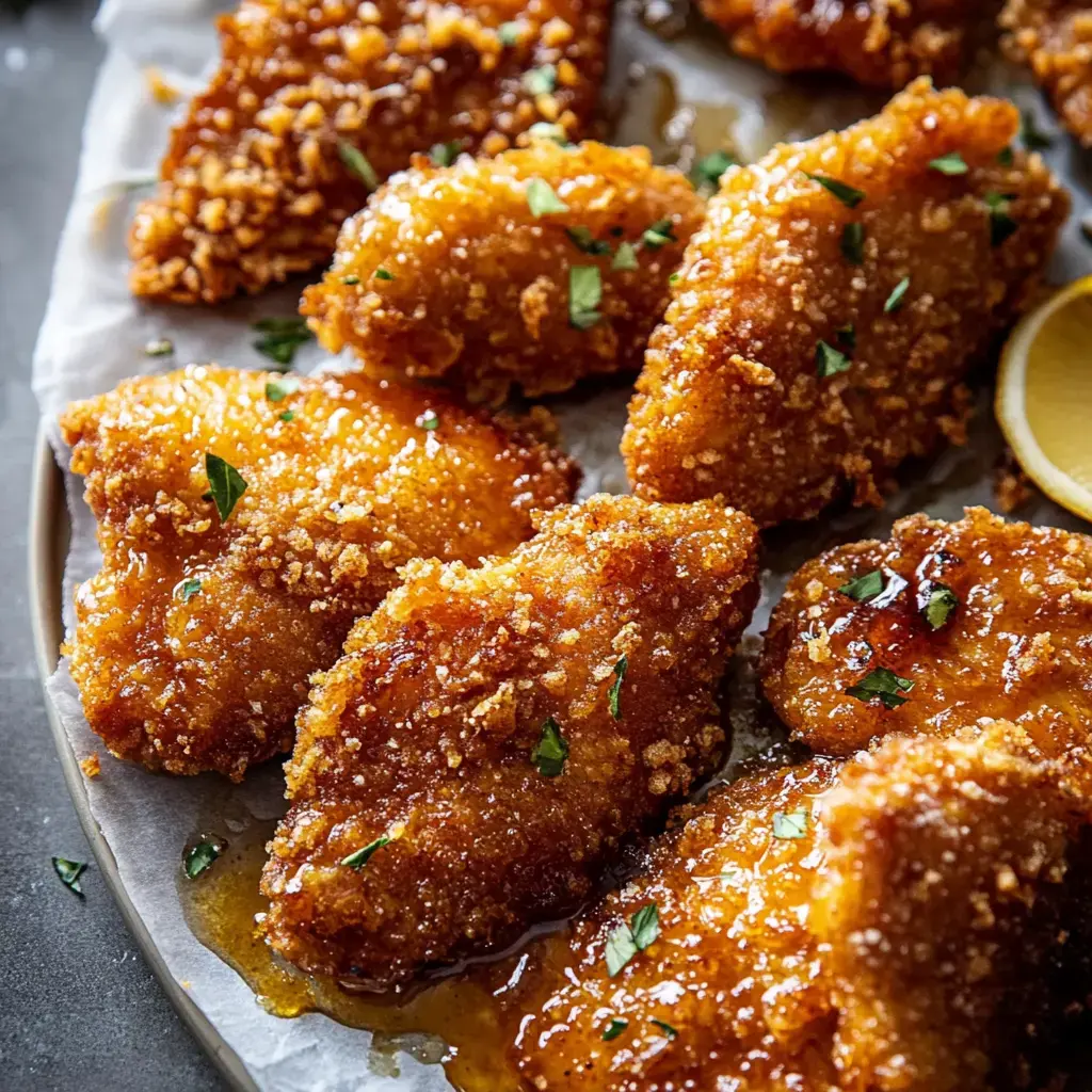 A plate of crispy, golden-brown chicken pieces is drizzled with a sweet glaze and garnished with green herbs, alongside a slice of lemon.