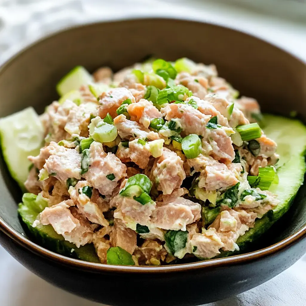 A bowl of chopped tuna salad mixed with green onions, resting on slices of cucumber.