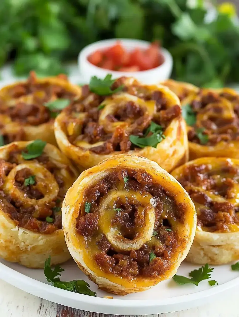 A plate of baked, spiral-shaped rolls filled with seasoned meat, cheese, and garnished with fresh herbs, accompanied by a bowl of diced tomatoes in the background.