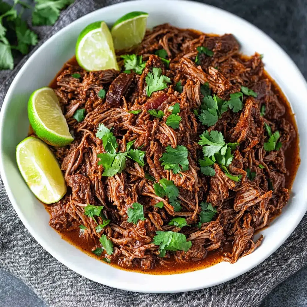 A bowl of shredded beef in a savory sauce, garnished with fresh cilantro and lime wedges.